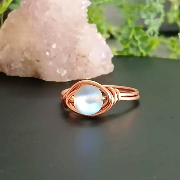 Dainty Holographic Glass Ring, Stackable Beaded Wire Ring, Rainbow, Size 5.5 - Picture 1 of 2